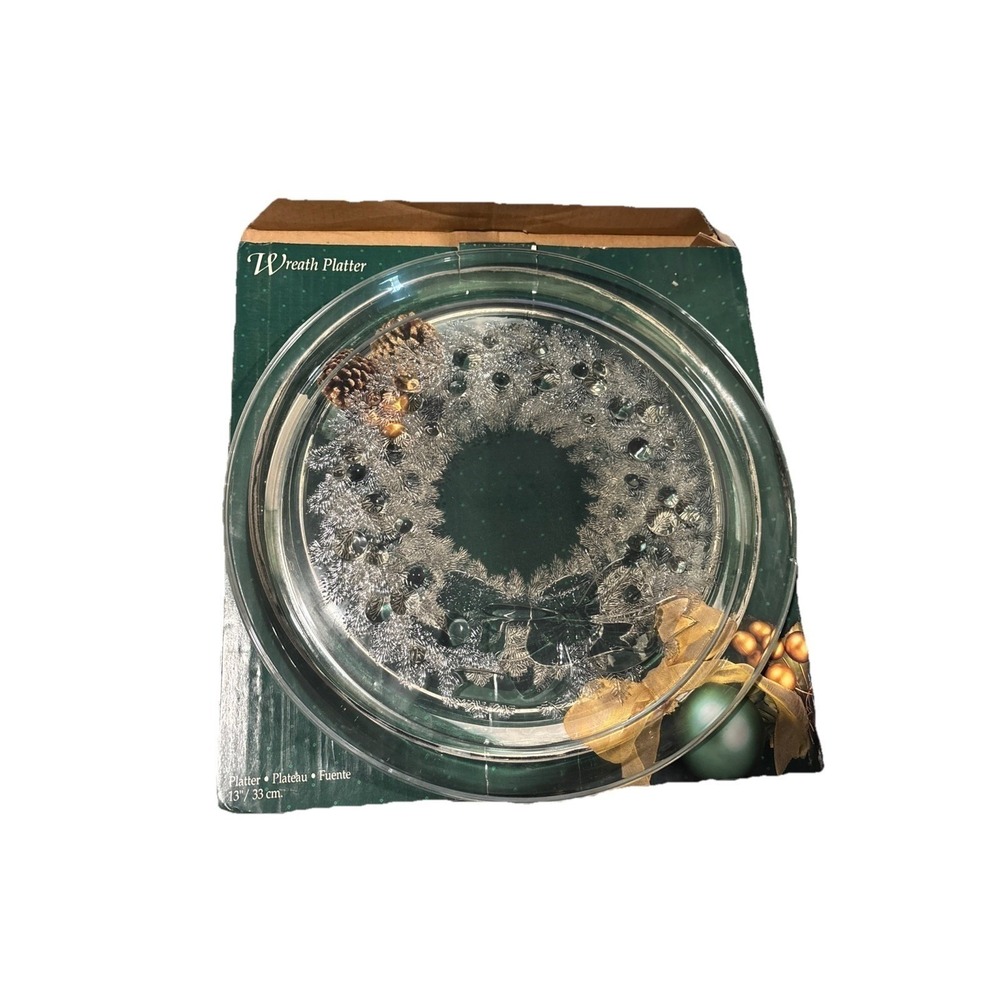 Holiday Platter Indiana Glass Clear Christmas Wreath 13" #5981 NIB